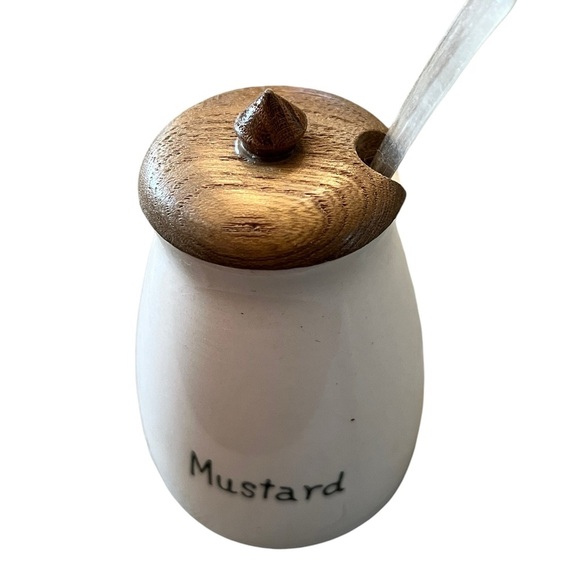 Vintage Mustard Jar with Wooden Lid and Plastic Spoon - Picture 1 of 4